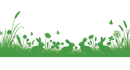 The green grass silhouette shows four rabbits and tall plants.