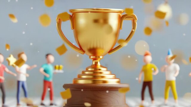 Golden trophy gleams atop wooden base. Tiny figures cheer, holding cups, celebrating wins. Confetti falls around the scene, adding festive energy. Background softens focus, emphasizing central prize