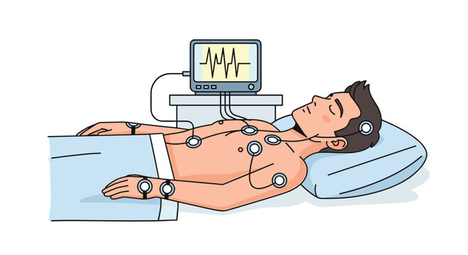 A male patient lies supine with electrodes attached to his body, connected to a medical monitor displaying vital signs.