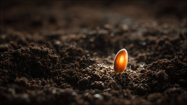 A glowing seed being planted in rich soil, symbolizing the promise of growth.