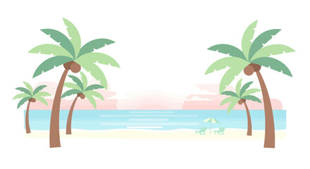 Fototapeta premium Idyllic tropical beach vector illustration with palm trees, ocean, sand, and beach chairs for summer vacation design