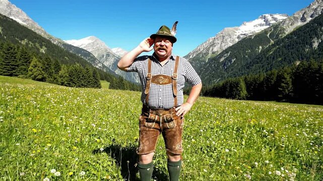 Man In Lederhosen Yodeling In Mountains