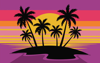 Fototapeta premium Tropical Island Silhouette Poster, black island with curved edges, purple water, seven tall palm trees with detailed fronds