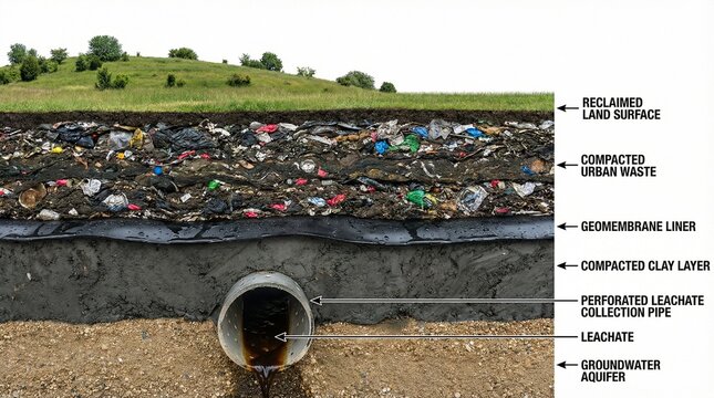Educational orthographic cross-section diagram of an engineered sanitary landfill and leachate collection system