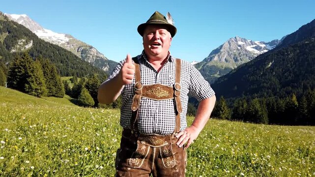 Man In Lederhosen Yodeling In Mountains