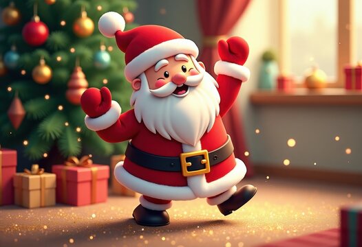 anta Claus with gifts near a decorated Christmas tree, festive holiday illustration, cozy winter celebration, New Year greeting concept, Christmas