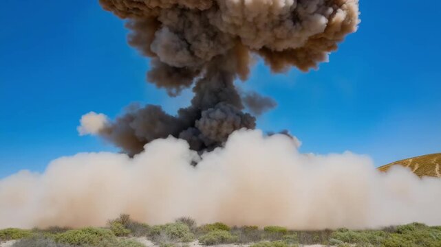 Exploding bomb in dramatic explosion with dark smoke against clear blue sky for disaster