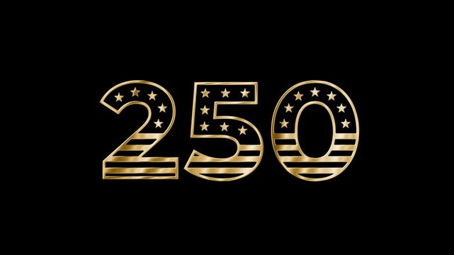 Ornate gold 250 numeral featuring an American flag inspired stars and stripes motif. a festive patriotic asset for 1776 to 2026 anniversary campaigns, civic tributes and national heritage visuals
