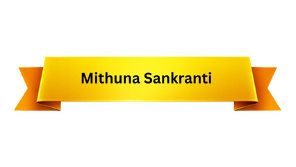 Mithuna Sankranti Golden Yellow Ribbon Banner , Hindu Solar Transition Festival Typography Design, Traditional Indian Zodiac Celebration Poster Isolated on Minimal Background