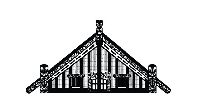 Black and white illustration of a traditional half-timbered house roof with ornate chimneys and decorative trim against a plain white background.