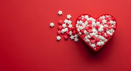 Fototapeta premium A heart shaped box filled with small white and red pills on a red background with some pills spilling out