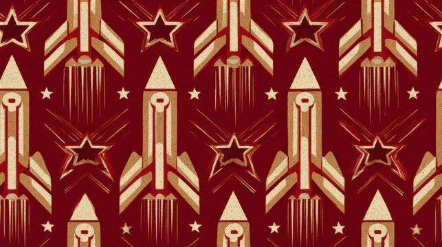 soviet space propaganda, geometric pattern inspired by s soviet propaganda art, featuring vostok rockets, cosmonaut helmets, stars, and orbital paths in limited colors ideal for bold decor