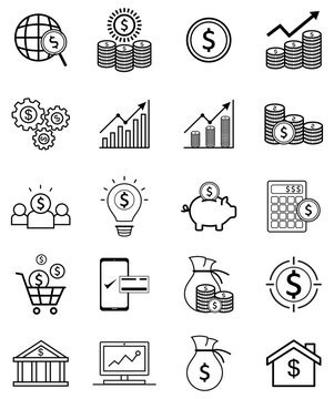 Finance and Business Line Icons Set &ndash; Money, Investment, Banking and Growth Vector Collection