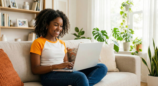 Dark-skinned African American girl, 15 years old, sitting on a sofa with a laptop. The girl is dressed in a bright orange T-shirt and jeans, she smiles while looking at the laptop