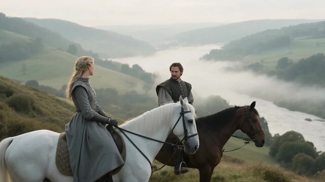 View of a medieval noble couple during a horseback ride. A historical reconstruction of everyday life in the Middle Ages