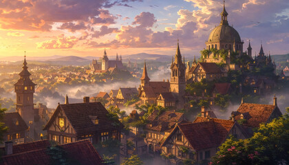 Fototapeta premium Medieval Fantasy Town Environment at Sunset with Misty Rooftops