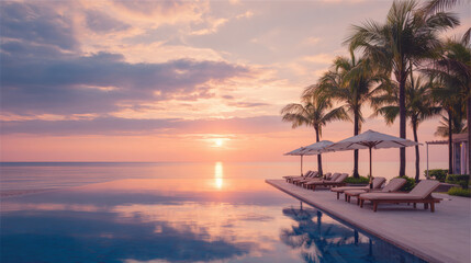Obraz premium Sunset view over a calm sea, featuring a serene infinity pool reflecting the warm hues of the sky.
