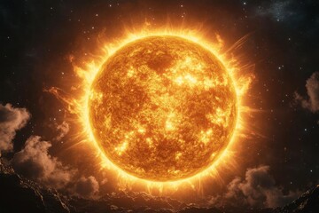 Obraz premium Burning sun in deep space with glowing corona and solar flares, detailed star surface against dark cosmic background.