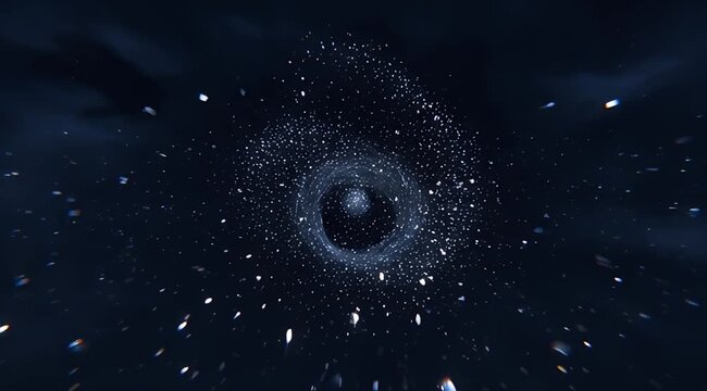 A diffuse, luminous sphere emits countless shimmering particles against a dark, cloudy sky