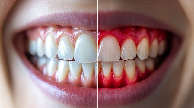 Close-up of human smile showing healthy white teeth on one side and inflamed red gums on the other, dental care, oral hygiene, gingivitis prevention, treatment comparison and medical health concept