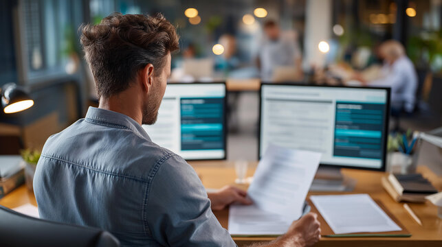 Faceless corporate compliance manager from behind at a desk with a dual monitor setup showing regulatory checklist software and a quality certification management system printed