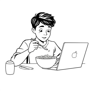 A teenager eating cereal for dinner in front of a laptop, authentic young adult home life, relatable