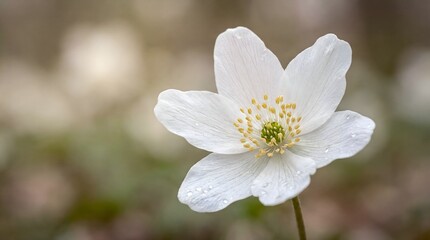 Obraz premium Pure White Anemone flower blooming with delicate dewdrops.