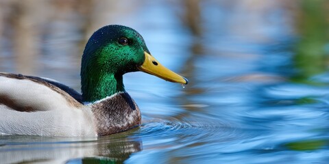 Obraz premium nature photography, male mallard duck with iridescent green head floats on calm illinois pond, water droplets on feathers, dreamy willow tree reflection