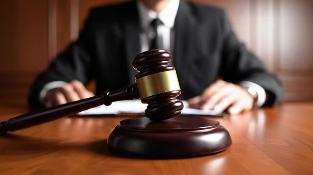 A judges gavel on a wooden desk in a courtroom setting with a blurred judge in the background