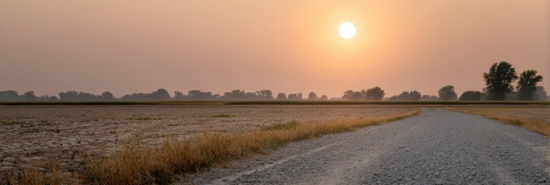 extreme weather impacts, heatwave depicted on an illinois farm, with shimmering air, cracked earth, and scorching sun