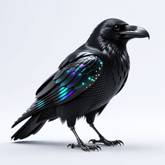 Fototapeta premium Highly detailed digital artwork featuring a bird, crow, or raven, showcasing its iridescent feathers and advanced mechanical legs against white background.