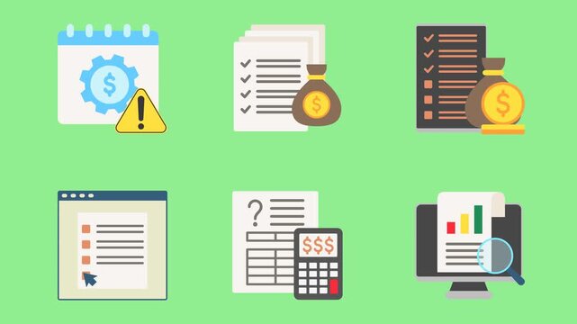 Taxation Animated Icon. Motion Graphic 2D Objects Animation Flat Cartoon 4K Video. Contain Due Date, Earning Report, Form, Sheet, Expense Tracker. Animated Icon on Greenscreen Background.