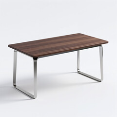 Simple, modern table with a dark brown wooden top and sleek silver metal legs on a white background, showcasing clean lines.