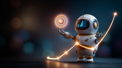 Fototapeta premium Abstract futuristic 3D render of an AI financial planning robot with a glowing target reticle in one hand and an upward growth chart in the other data streams flowing around its