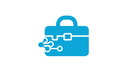 Blue briefcase icon with connected network element on white background