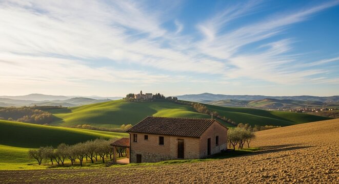 House in rolling hills landscape