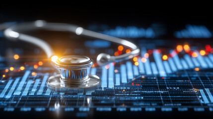 Stethoscope on financial charts and data dashboard symbolizing healthcare analytics, cost management, and clinical decision support.