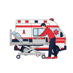Fototapeta premium Emergency Medical Services: Healthcare Professional Prepares Ambulance for Patient Transport