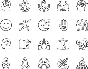 Fototapeta premium Mental Health and Wellness Icons Set – Mindfulness, Therapy and Self Care Outline Vector Collection