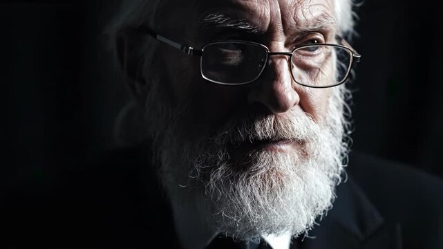Thoughtful senior man with white beard and glasses looking down
