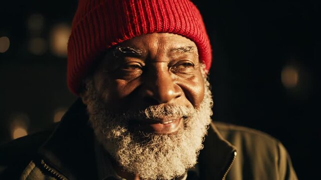 Smiling senior man with white beard wearing red knit hat outdoors