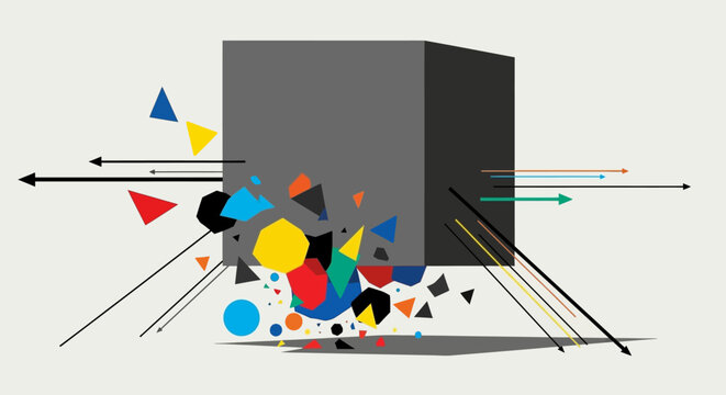 Colorful geometric shapes coming out cube.