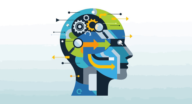 Colorful human head with gears inside.