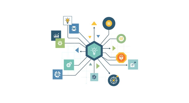Colorful icons connected to central node.