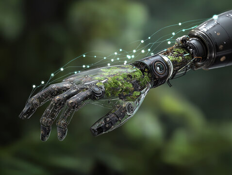 Futuristic robotic arm integrated with green moss and nature, cyborg hand with glowing digital connections in a lush forest background, eco-friendly technology concept.