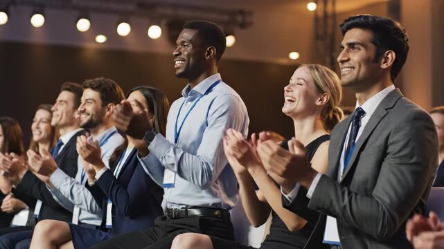 Diverse audience clapping and smiling at an event with spotlights shining