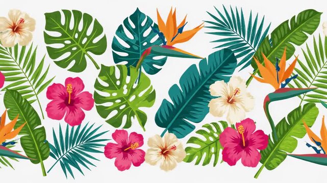 Vibrant Tropical Flora Pattern with Hibiscus and Bird of Paradise Flowers, perfect for Summer Promotions.
