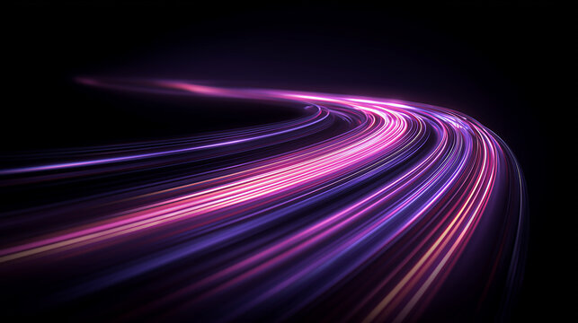 Neon light trails curve on a dark background illustrating high speed data transfer and network acceleration concept.
