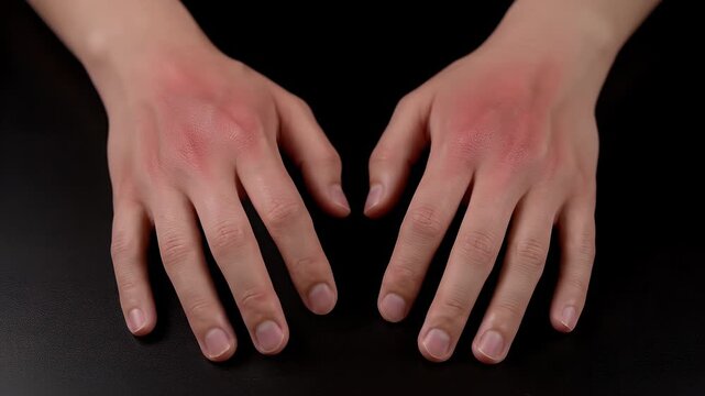Human hand with red light on knuckle surface