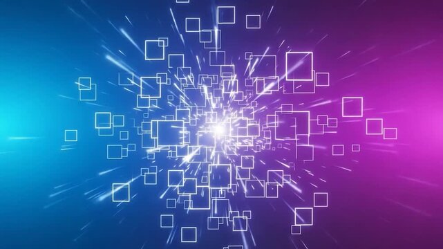 Dynamic Cubes: An abstract explosion of illuminated cubes bursts forth from a central point, forming an energetic display against a dual-toned background.